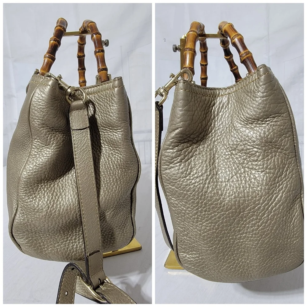 GUCCIMetallic Pebbled Calfskin Medium Bamboo Shopper Tote Golden Beige - Picture 12 of 14